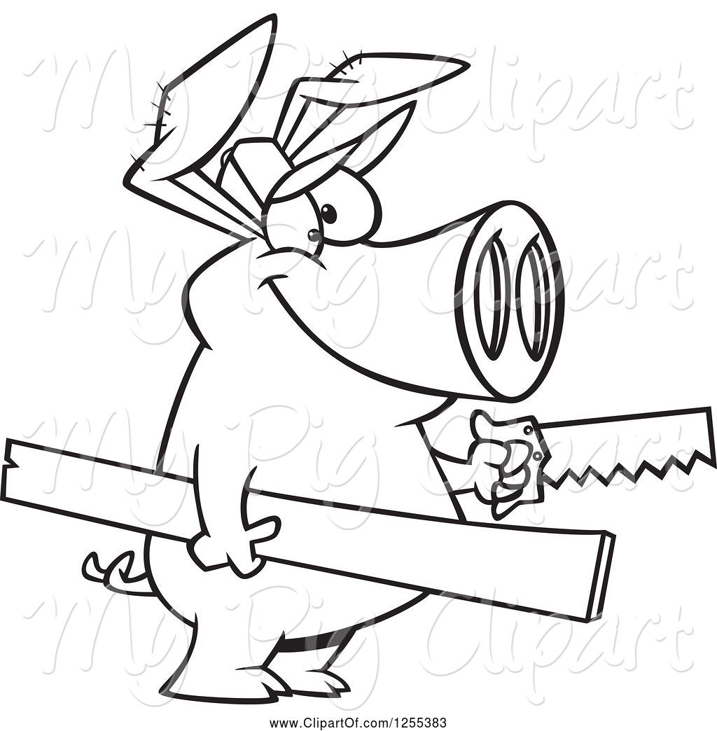 1024x1044 Swine Clipart Of Cartoon Black And White Carpenter Pig Holding