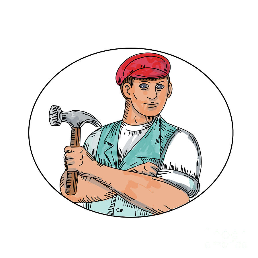 900x900 vintage carpenter holding hammer mono line digital art