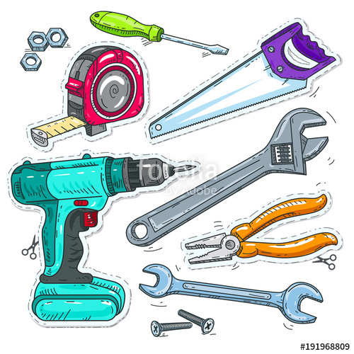 500x500 Set Of Carpentry Tools, Drill, Saw And Tape Measure Stock Image