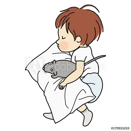 500x500 Vector Illustration Of Little Kid Sleeping With Rat Doll In Bed