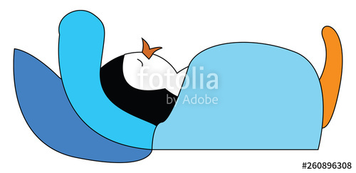 500x243 A Cute Cartoon Penguin Taking A Nap In His Blue Color Bed Vector