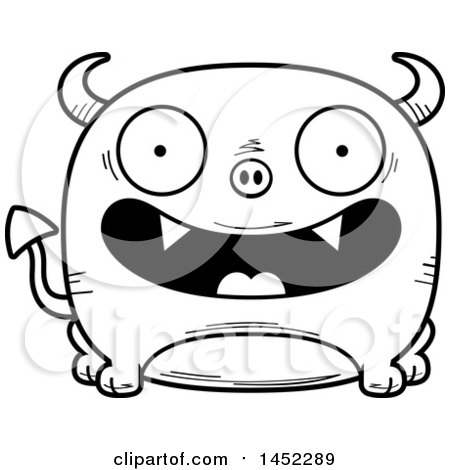 450x470 Clipart Graphic Of A Cartoon Black And White Lineart Happy Devil