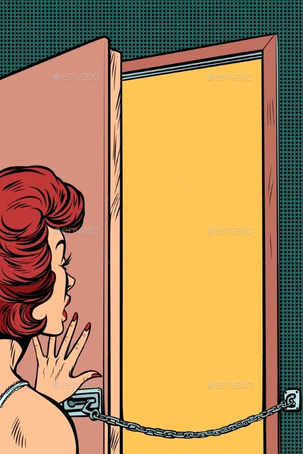 590x885 A Woman Opens The Door Pop Art Retro Vector Illustration Comic