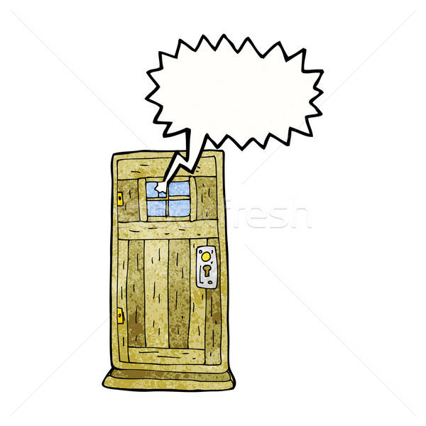600x600 Cartoon Old Wood Door With Speech Bubble Vector Illustration