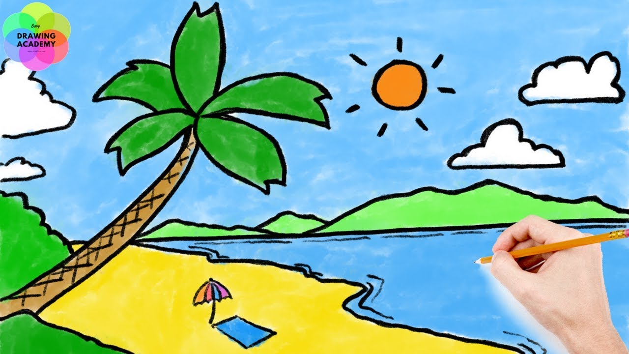 1280x720 How To Draw And Coloring Beach Scenery Easy For Kids Step