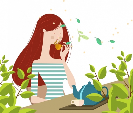 468x398 Lifestyle Drawing Woman Drinking Tea Icon Colored Cartoon Vectors
