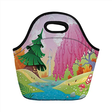 466x466 neoprene lunch bag, cartoon, fantasy landscape