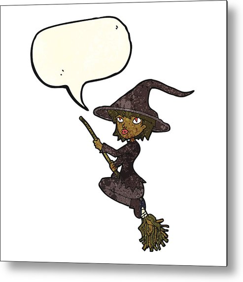 493x573 Cartoon Witch Riding Broomstick With Speech Bubble Metal Print