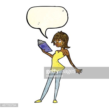 415x415 Cartoon Woman Reading Book With Speech Bubble Stock Vectors