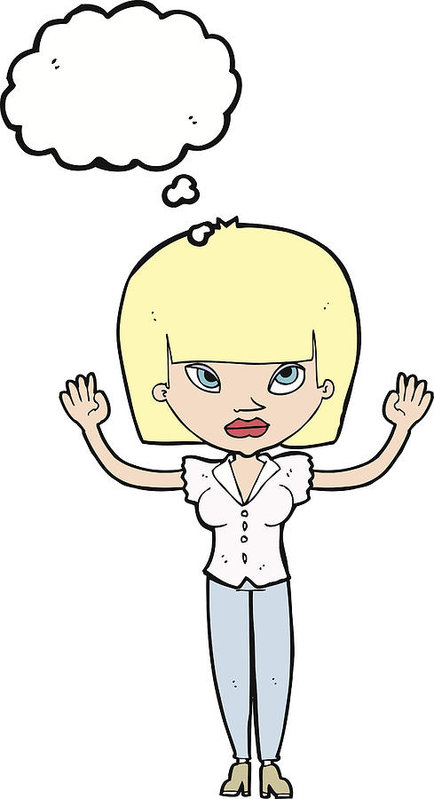 434x799 Cartoon Woman With Raised Hands With Thought Bubble Art Print