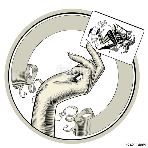 500x500 Round Retro Label With Ribbon And Woman's Hand Holding Joker