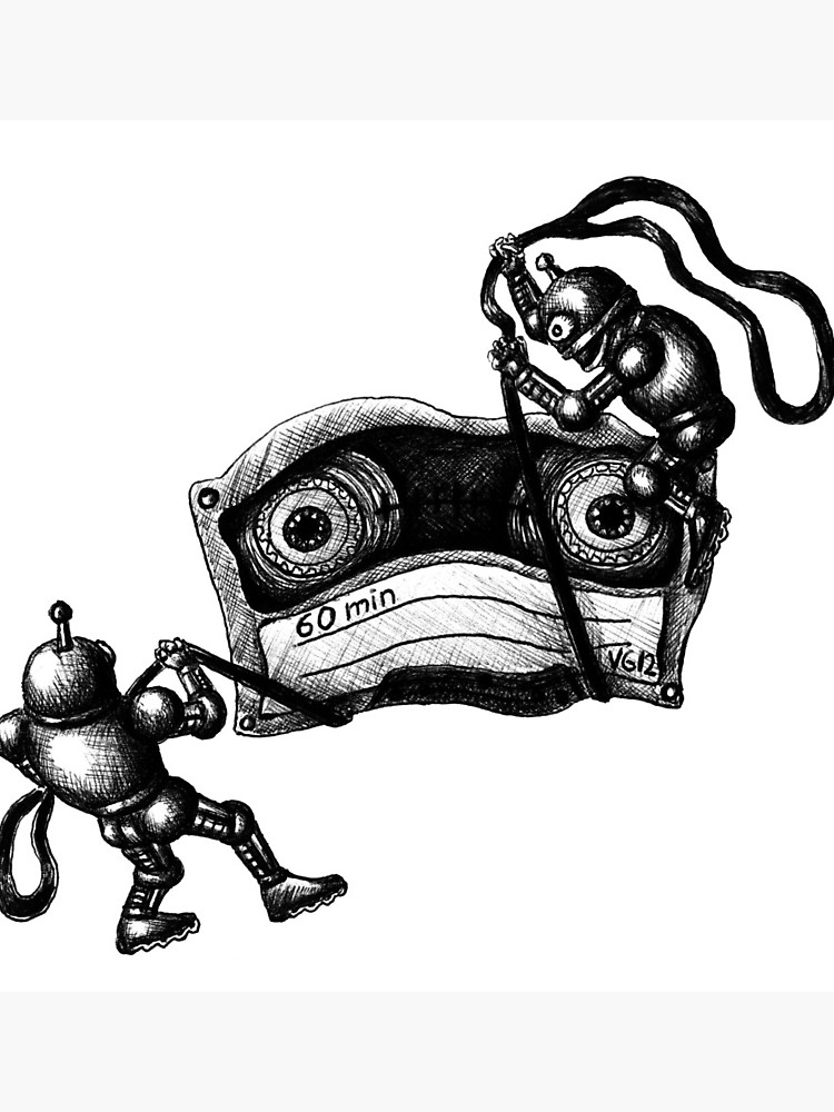 750x1000 robots destroying the cassette tape pen ink drawing photographic