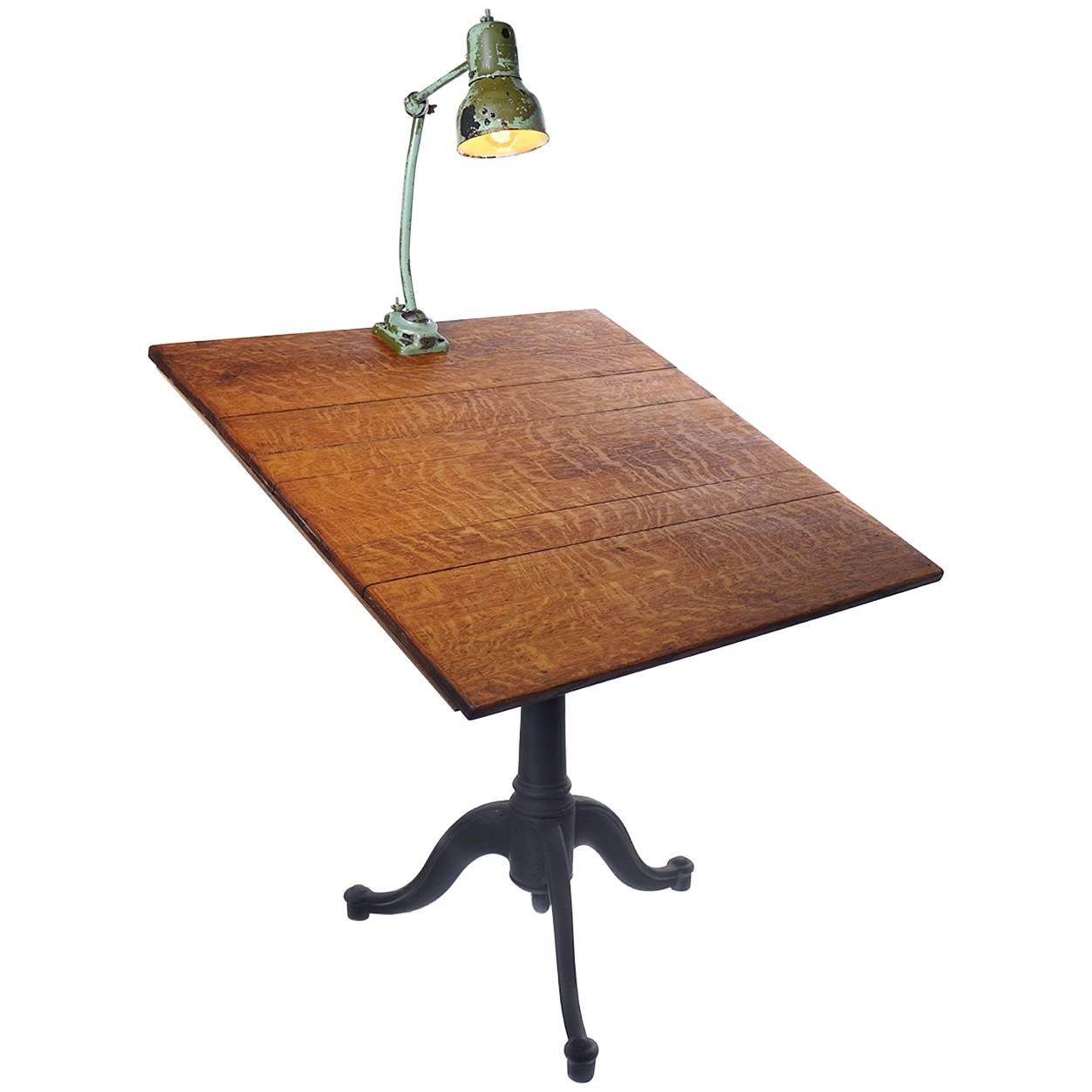 1252x1252 Quarter Sawn Oak And Cast Iron Drawing Table For Sale