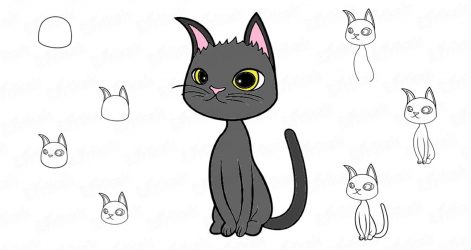 471x250 Black Cat Cartoon Drawing Cute And White Etsy Vector Girl Sleeping