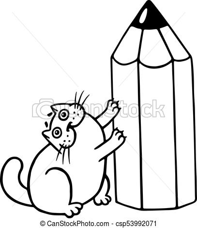 407x470 Cute Fat Cat And Big Pencil Cartoon Cool Character Contour