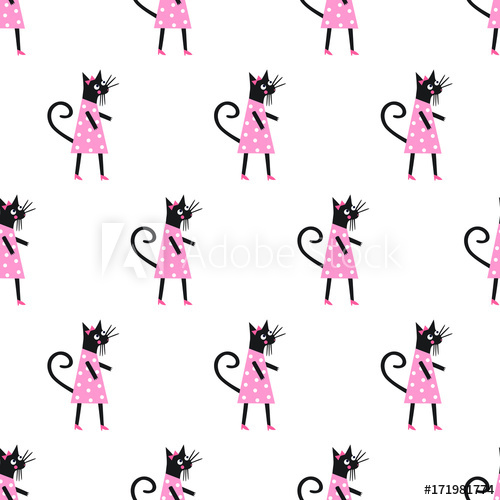 500x500 Cute Cat In Polka Dots Dress Seamless Pattern On White Background
