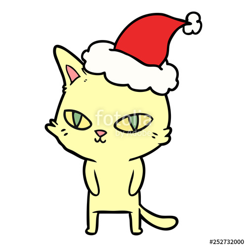 500x500 Line Drawing Of A Cat With Bright Eyes Wearing Santa Hat Stock