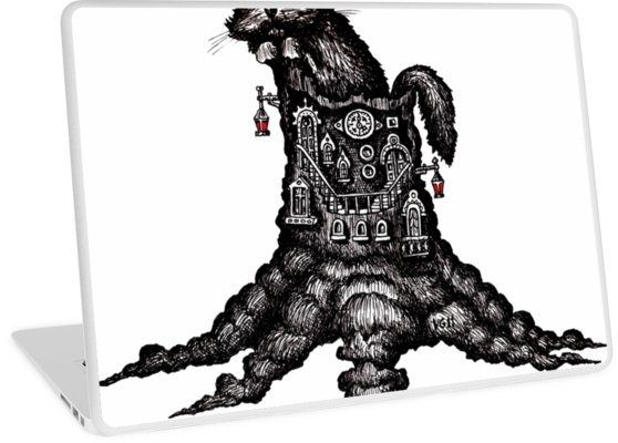 558x400 cat on stump surreal black and white pen ink drawing laptop skins