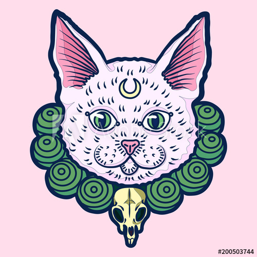 500x500 Crazy Hand Drawn White Cat With Pink Nose And Golden Moon