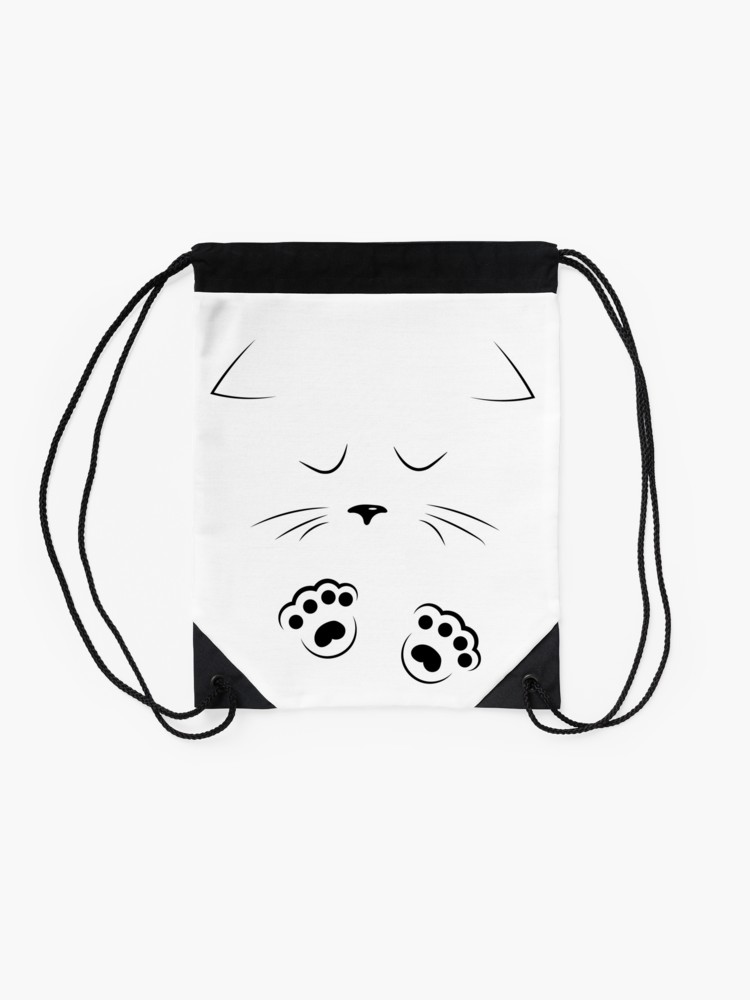 750x1000 black outline drawing sad cat face with paws drawstring bag