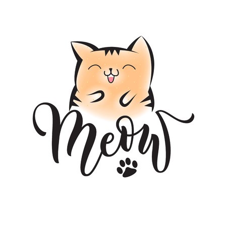 450x450 vector black lettering meow with cute smiling cat and cat paw