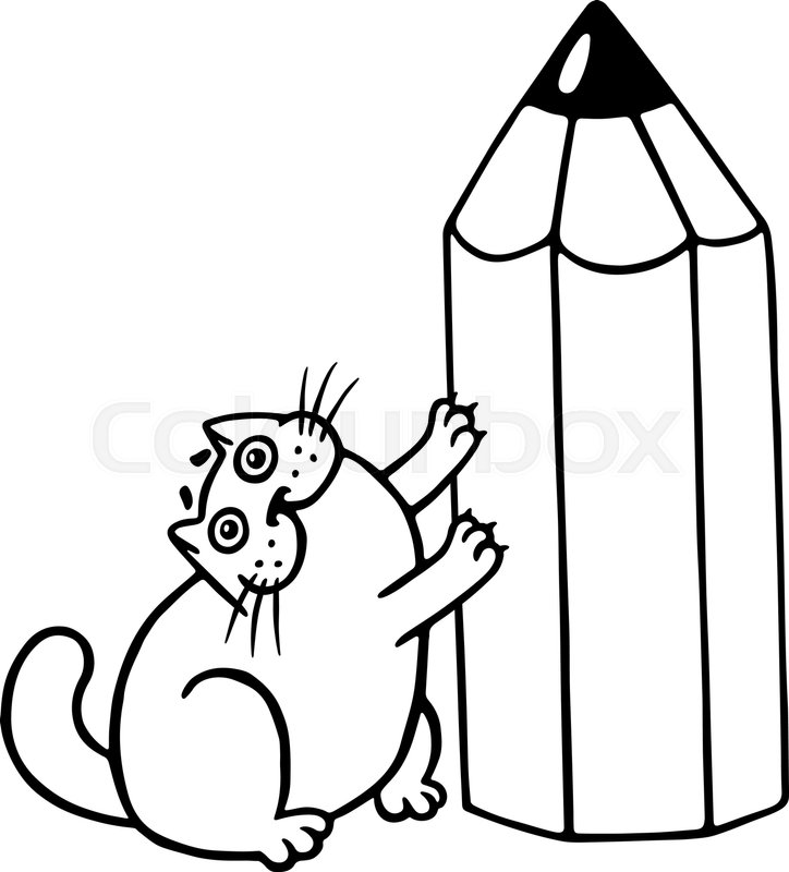 724x800 Cute Fat Cat And Big Pencil Cartoon Stock Vector Colourbox