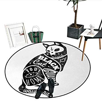 355x355 Modern Round Area Rug Black Fortune Magician Skull Cat