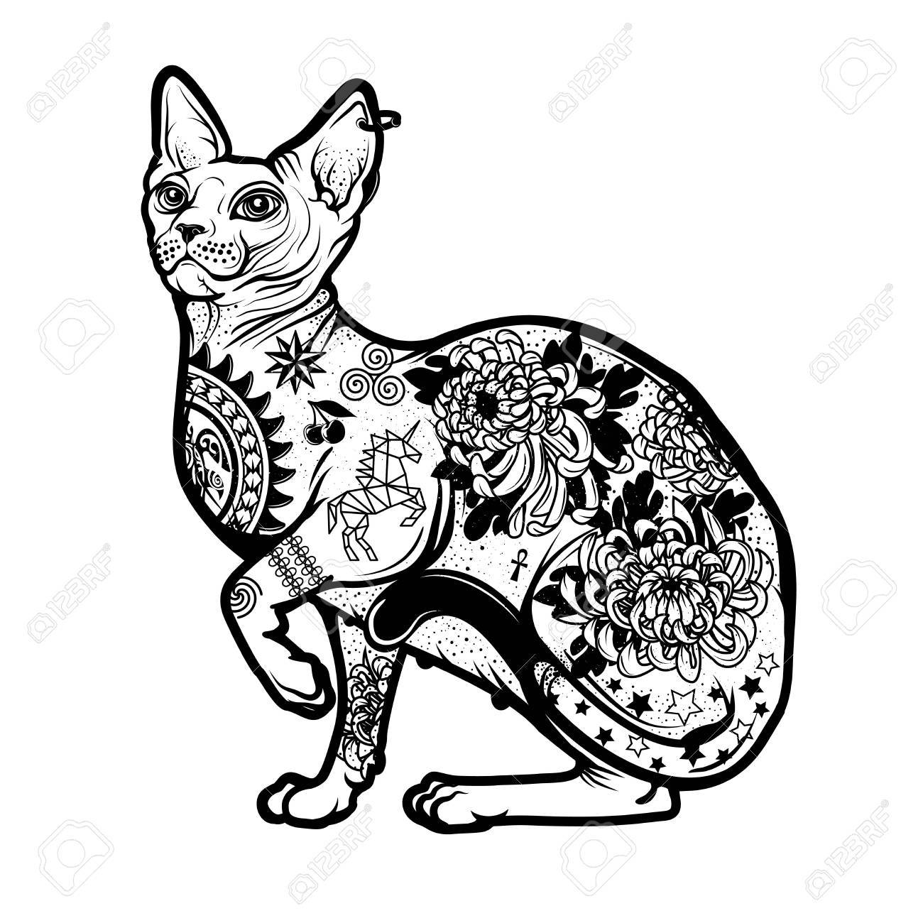 1300x1300 Vintage Cat Tattoo Design Royalty Free Cliparts Vectors And Stock
