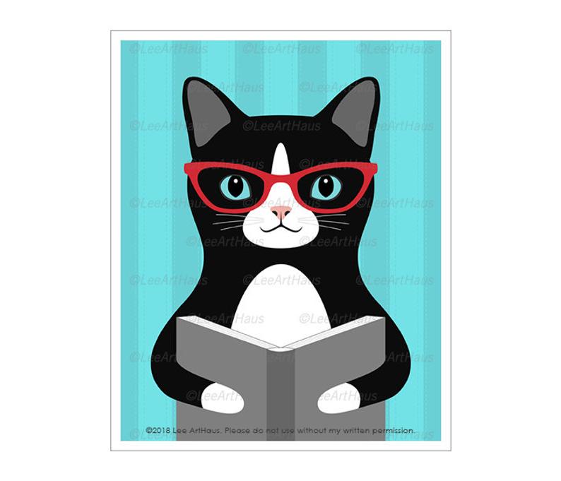 794x681 Cat Art Print Cat With Red Glasses Reading Book Wall Etsy