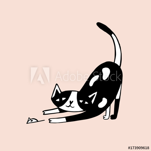 500x500 Drawing Of Funny Cat Hunting And Catching Mouse Or Playing With It