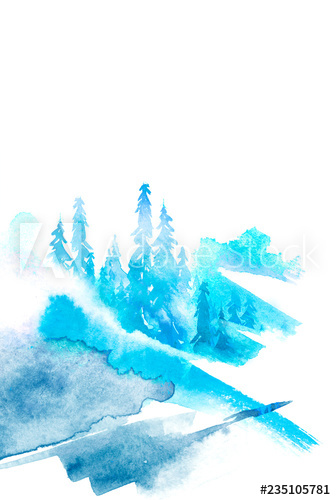 336x500 Watercolor Art Illustration Drawing Of The Blue Forest, Pine Tree