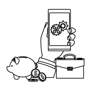 300x300 Cellphone And Hand Holding With Gears Piggy And Briefcase Drawing