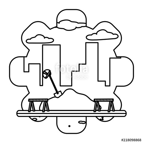 500x500 Line Construction Equipment With Cement And Caution Sign Stock