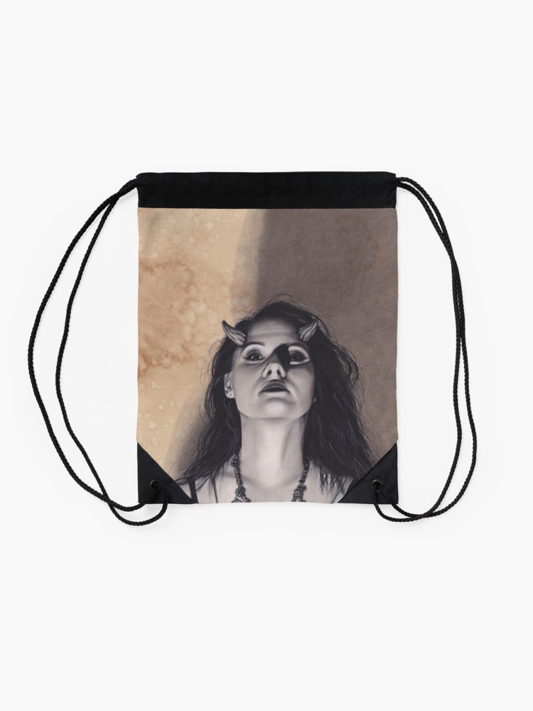 750x1000 Realism Charcoal Drawing Of Woman With Horns, Lilith Drawstring