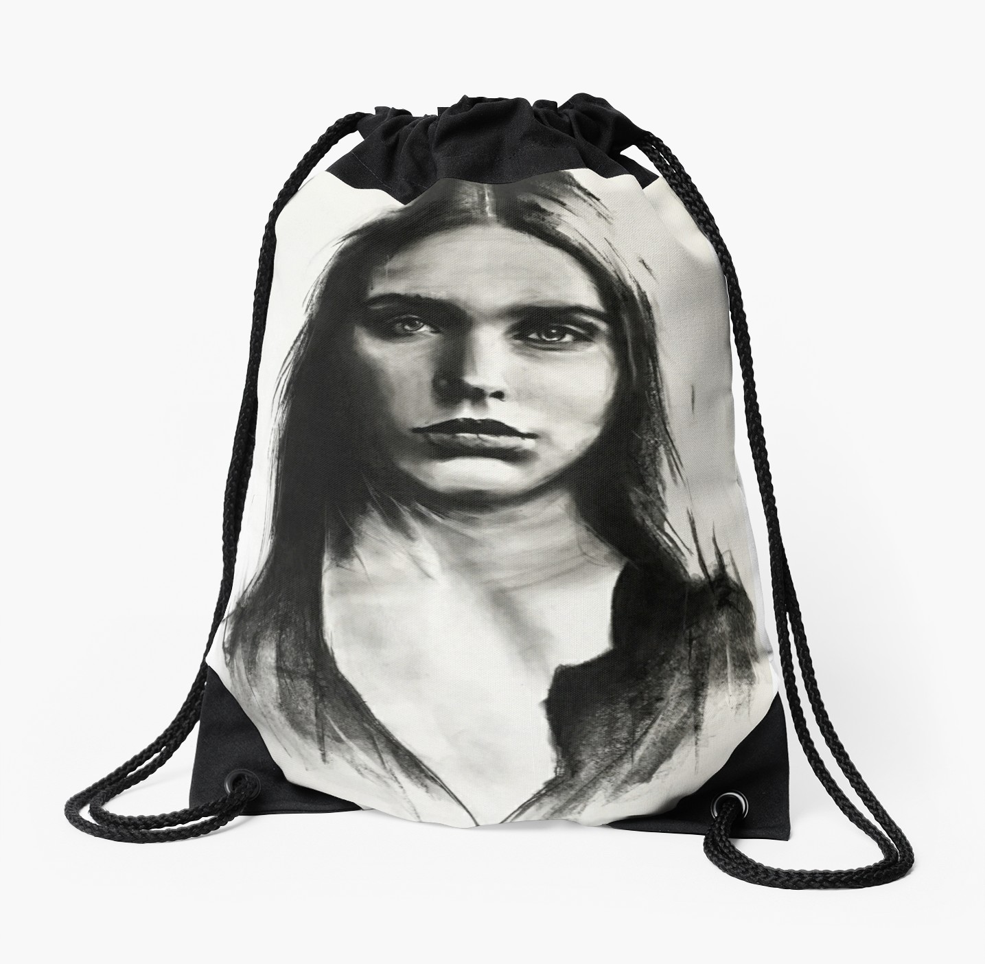 1435x1404 Cara, Charcoal Sketch Drawstring Bag