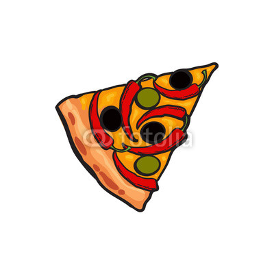 400x400 vector flat pizza slice with chili pepper, olives cheese and peas