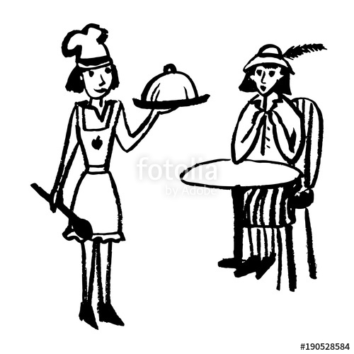 500x500 drawing of a chef in a cap giving food to a girl client, sketch