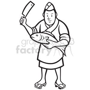 300x300 Black And White Japanese Sushi Chef Fish Knife Clipart Royalty