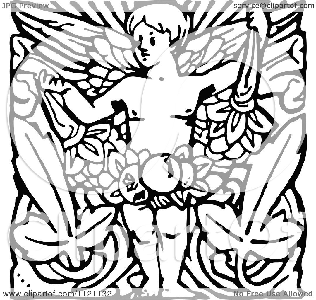 1080x1024 Clipart Of A Retro Vintage Black And White Cherub With Leaves
