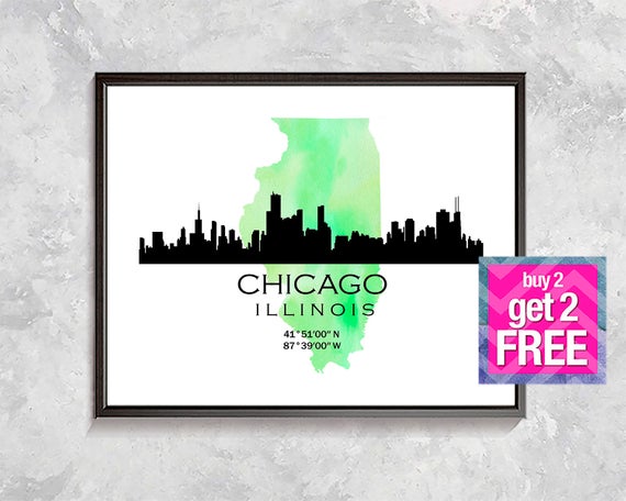 570x456 chicago print illinois map print chicago skyline poster etsy
