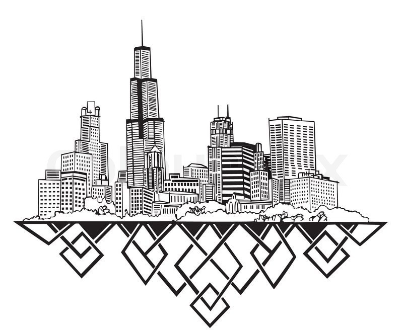 Simple City Skyline Drawing Sketch Coloring Page