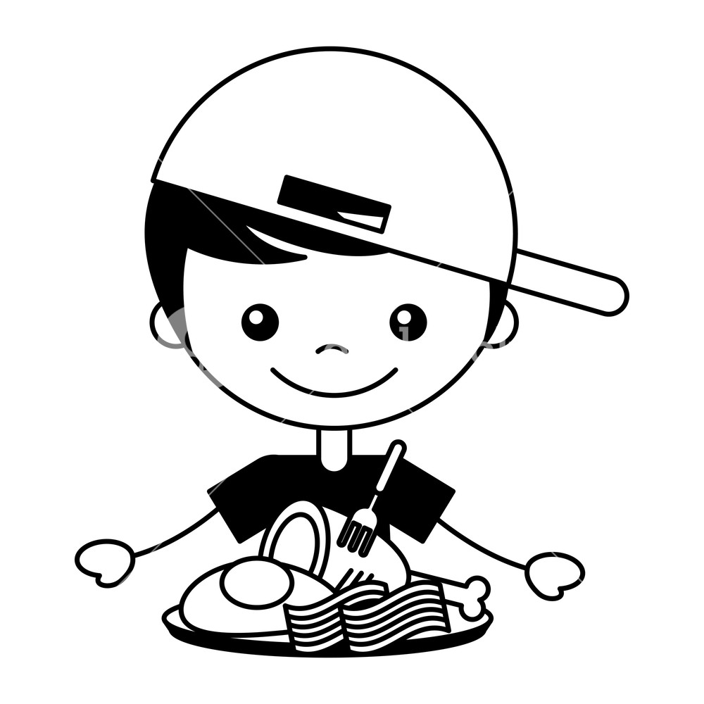 1000x1000 Boy With Chicken Bacon And Egg Fried Vector Illustration Royalty