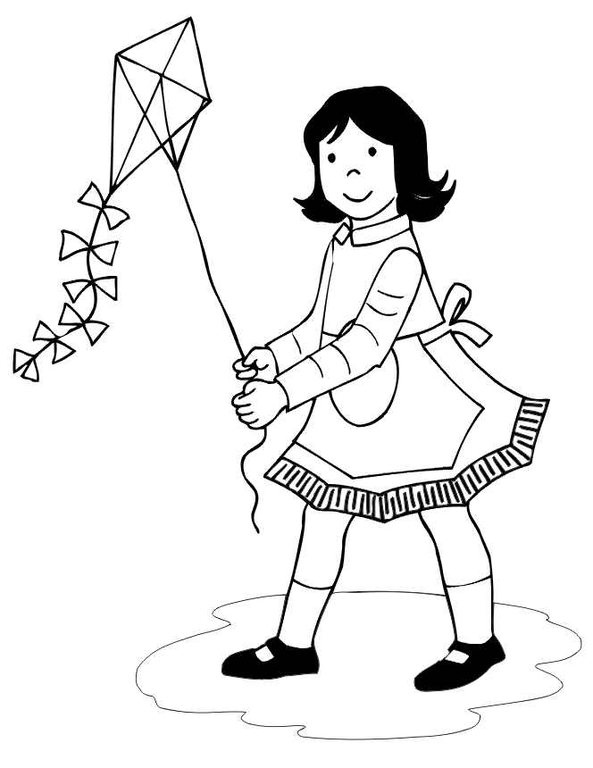 664x860 Girl Flying Kite Coloring Page