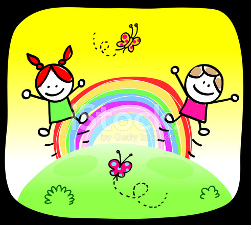 491x440 Happy Children Jumping,playing In Summer,spring Nature, Rainbow