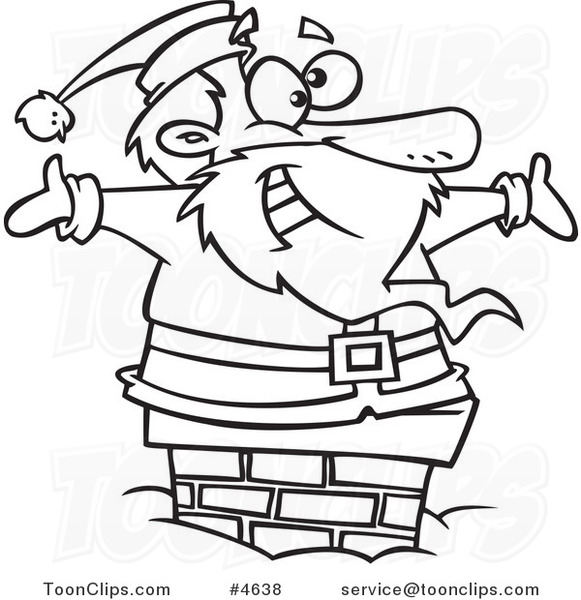 581x600 Cartoon Black And White Line Drawing Of Santa Smiling In A Chimney