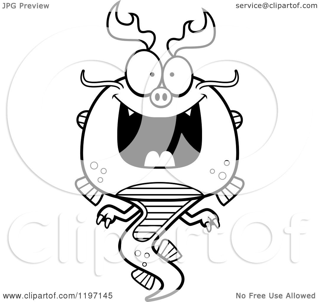 1080x1024 Cartoon Of A Black And White Grinning Chinese Dragon