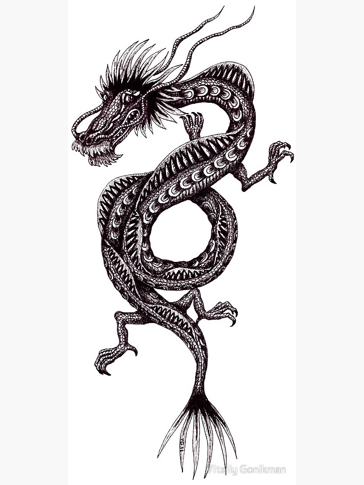 750x1000 Chinese Dragon Black And White Pen Ink Drawing Framed Print