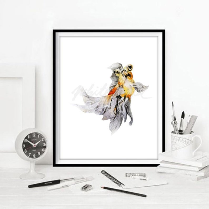 794x794 Goldfish Art Print Yellow Black Chinese Fish Watercolour Etsy