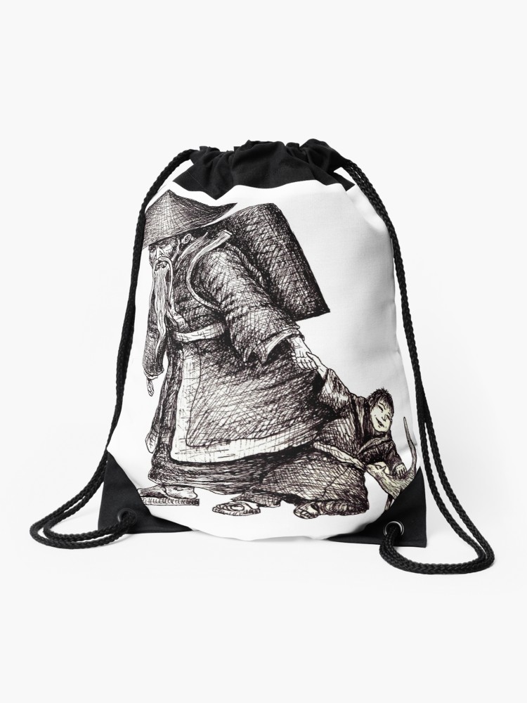 750x1000 old chinese man with his grandson black and white pen ink drawing