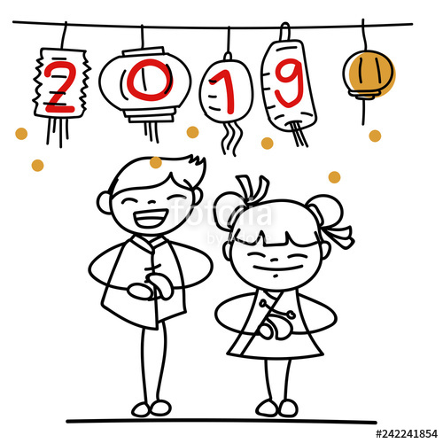 500x500 Hand Drawing Cartoon Character People Happy Chinese New Year